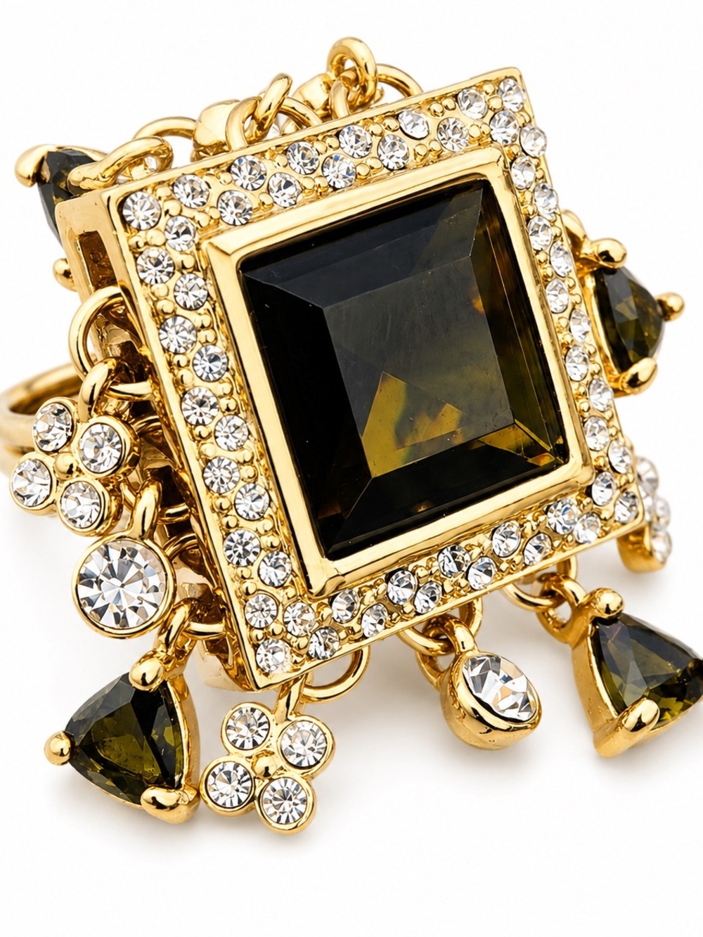 Gold Tone Black Crystal Statement Ring Rhinestone Charm Cocktail Ring NWT